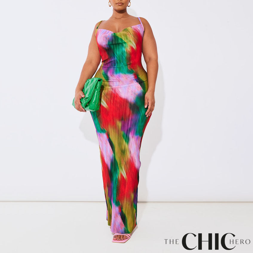 Plus Multi Printed Plisse Cowl Neck Maxi Dress