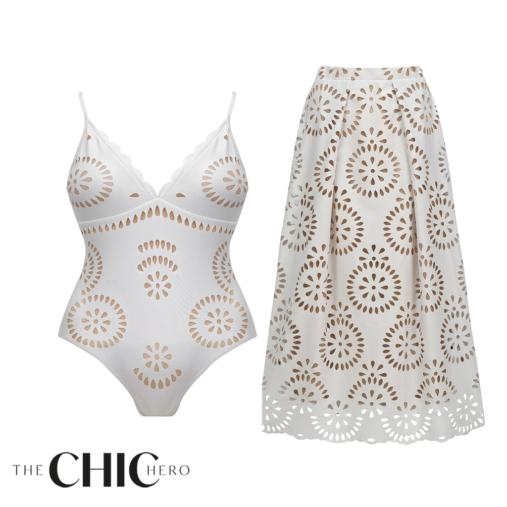White Scalloped Hollow Sexy One-Piece Swimsuit&Skirt