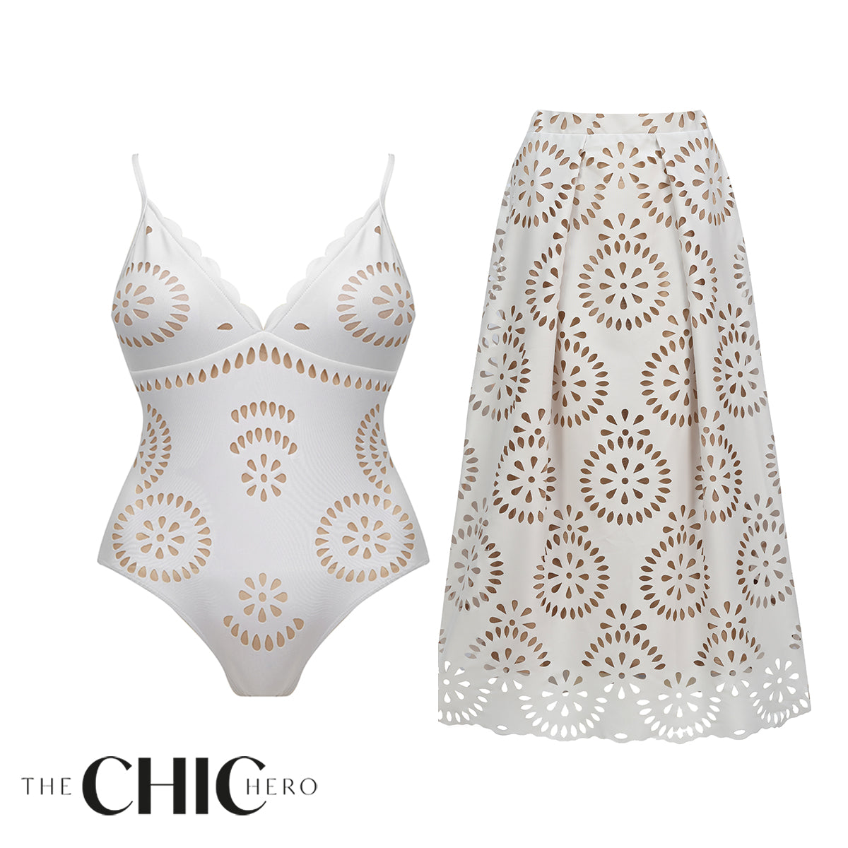 White Scalloped Hollow Sexy One-Piece Swimsuit&Skirt