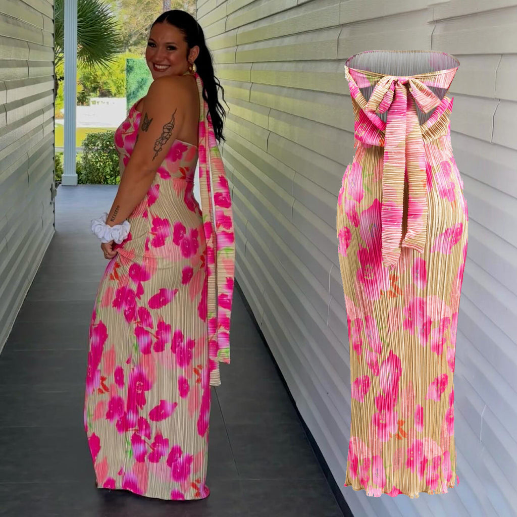 Floral Print Pleated Tie Back Strapless Maxi Dress