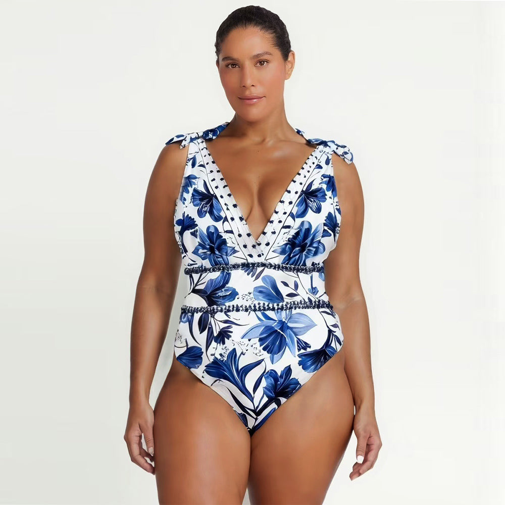 V Neck Lace Up Boho Breeze Blue Floral Swimsuit&Skirt