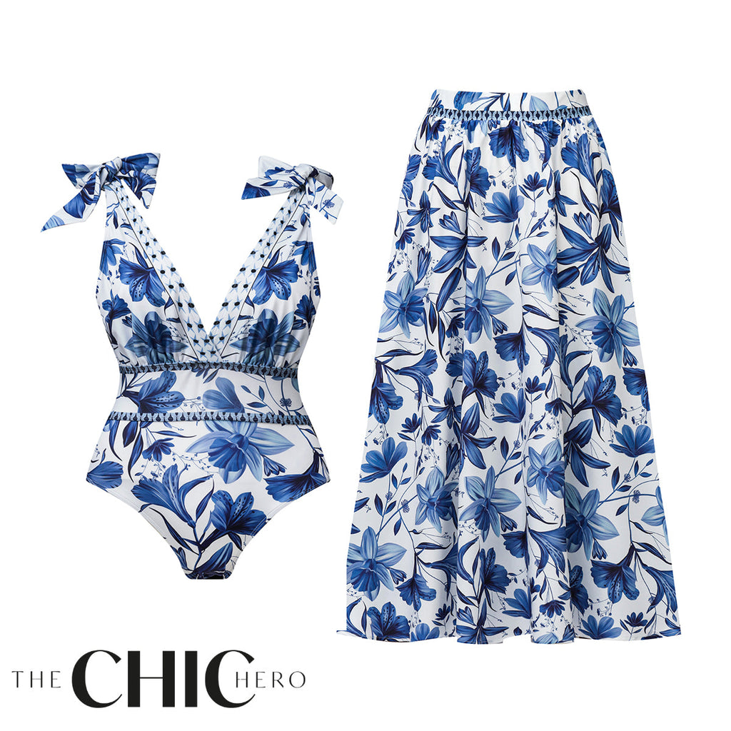V Neck Lace Up Boho Breeze Blue Floral Swimsuit&Skirt