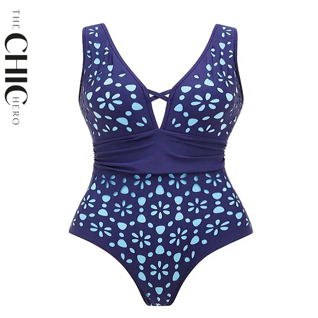 Navy Blue Petal Print Hollow One-Piece V Neck Swimsuit&Skirt
