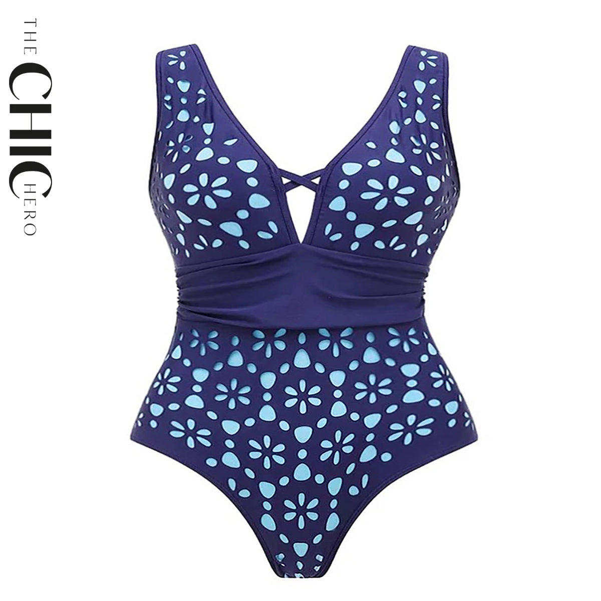Navy Blue Petal Print Hollow One-Piece V Neck Swimsuit&Skirt