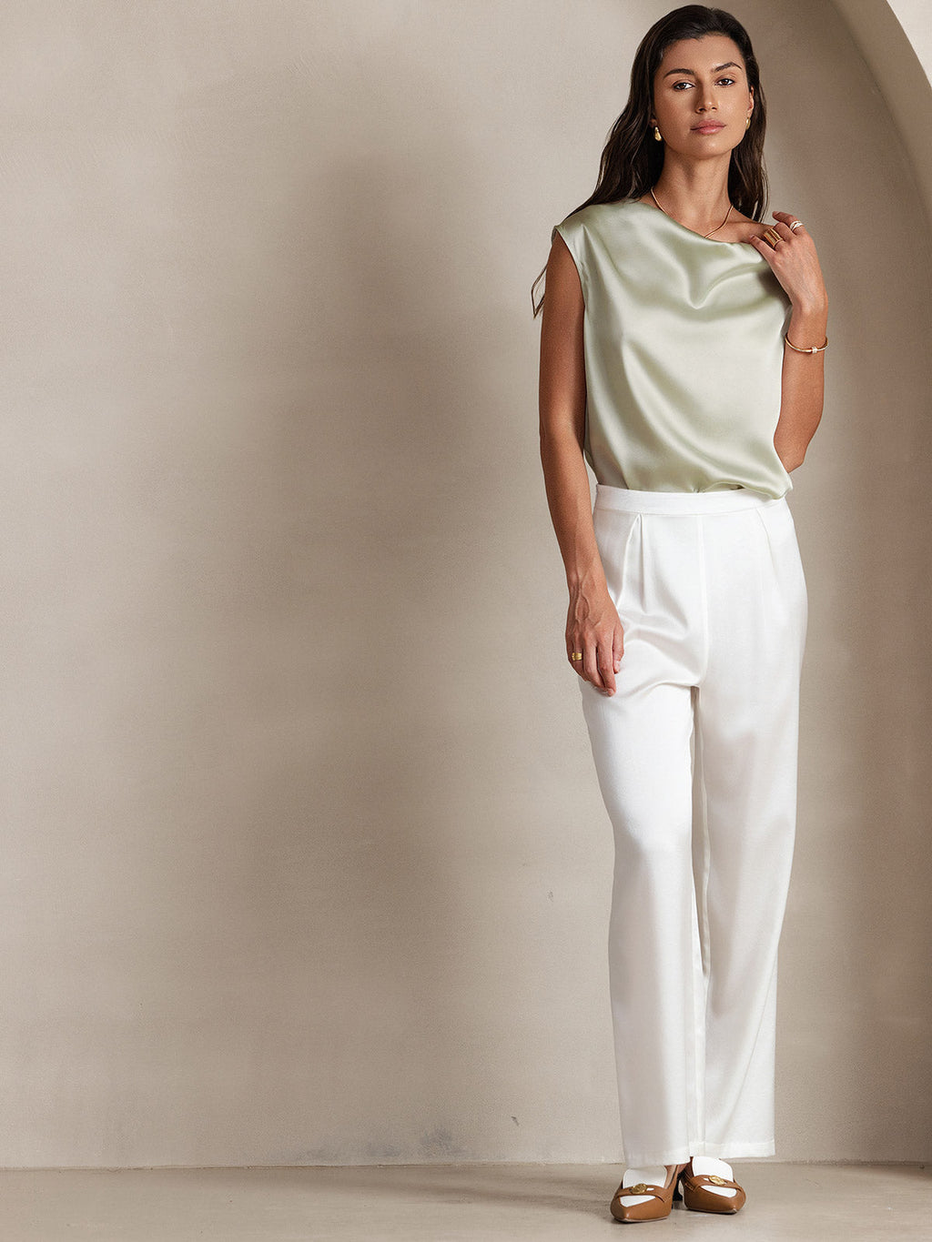 19Momme Silk Cowl Neck Cap Sleeve Blouse