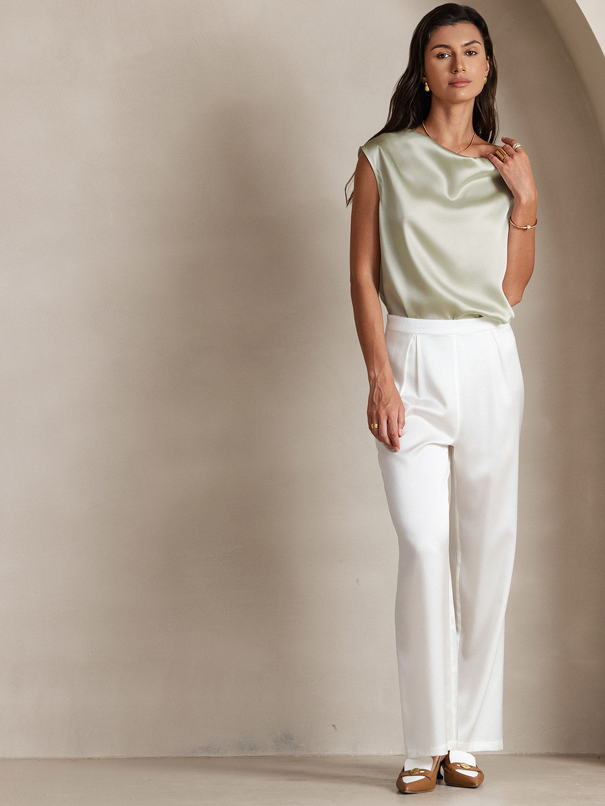 19Momme Silk Cowl Neck Cap Sleeve Blouse
