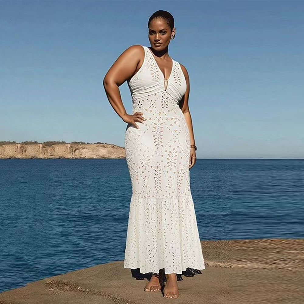 White Petal Hollow One-Piece V Neck Swimsuit&Skirt