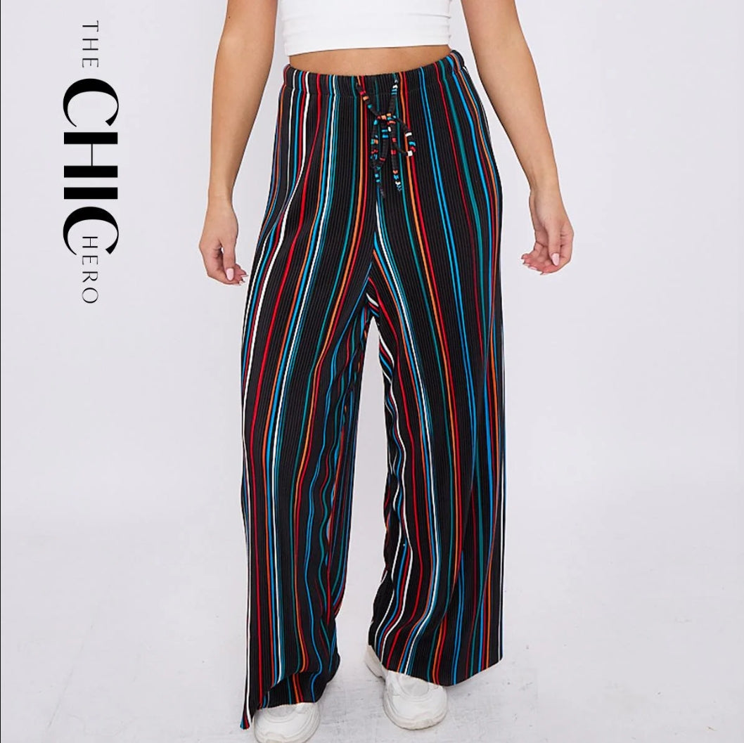 Black Stripe Abstract Print Wide-Leg Drawstring Palazzo Pleated Pants
