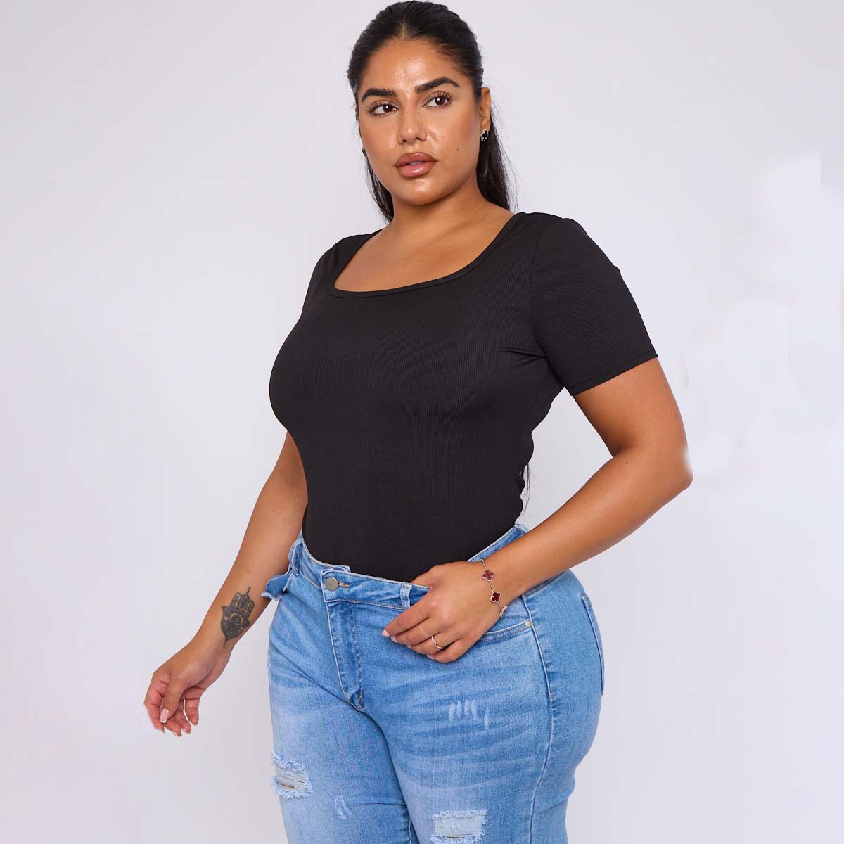 ChicHero Black Square Neck Short Sleeve T Shirt Bodysuit