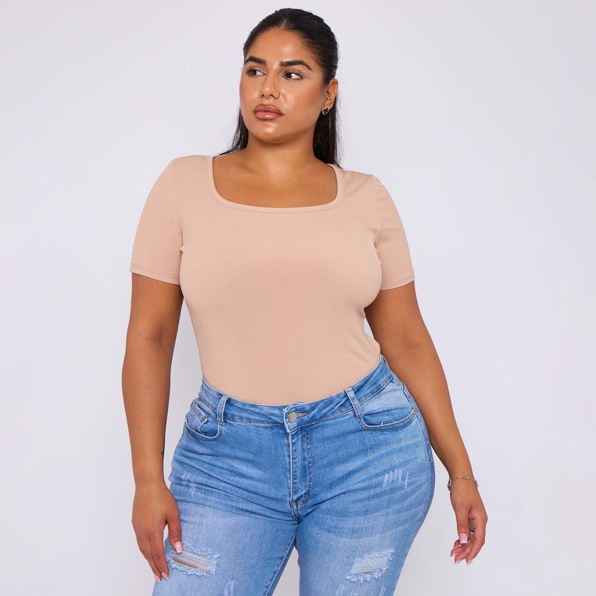 ChicHero Nude Square Neck Short Sleeve T Shirt Bodysuit