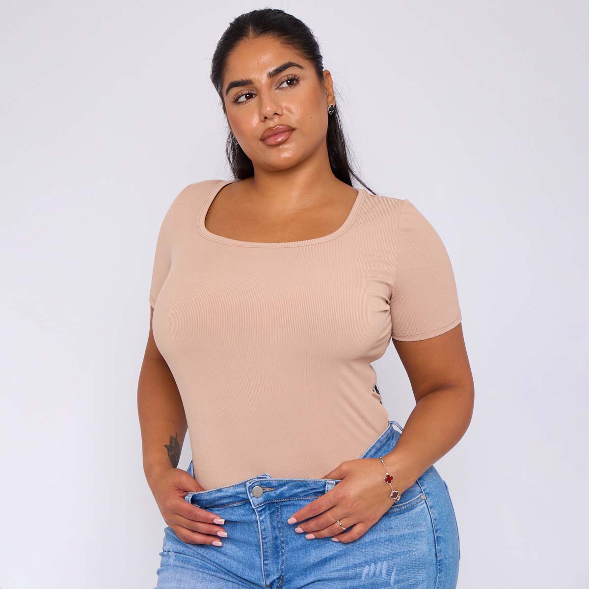 ChicHero Nude Square Neck Short Sleeve T Shirt Bodysuit