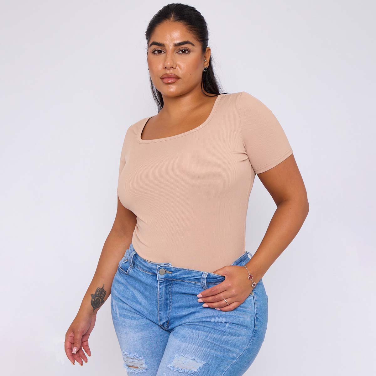 ChicHero Nude Square Neck Short Sleeve T Shirt Bodysuit