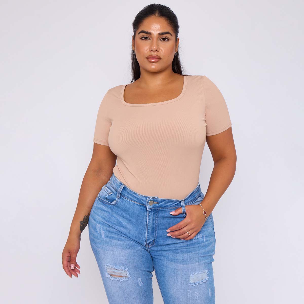 ChicHero Nude Square Neck Short Sleeve T Shirt Bodysuit