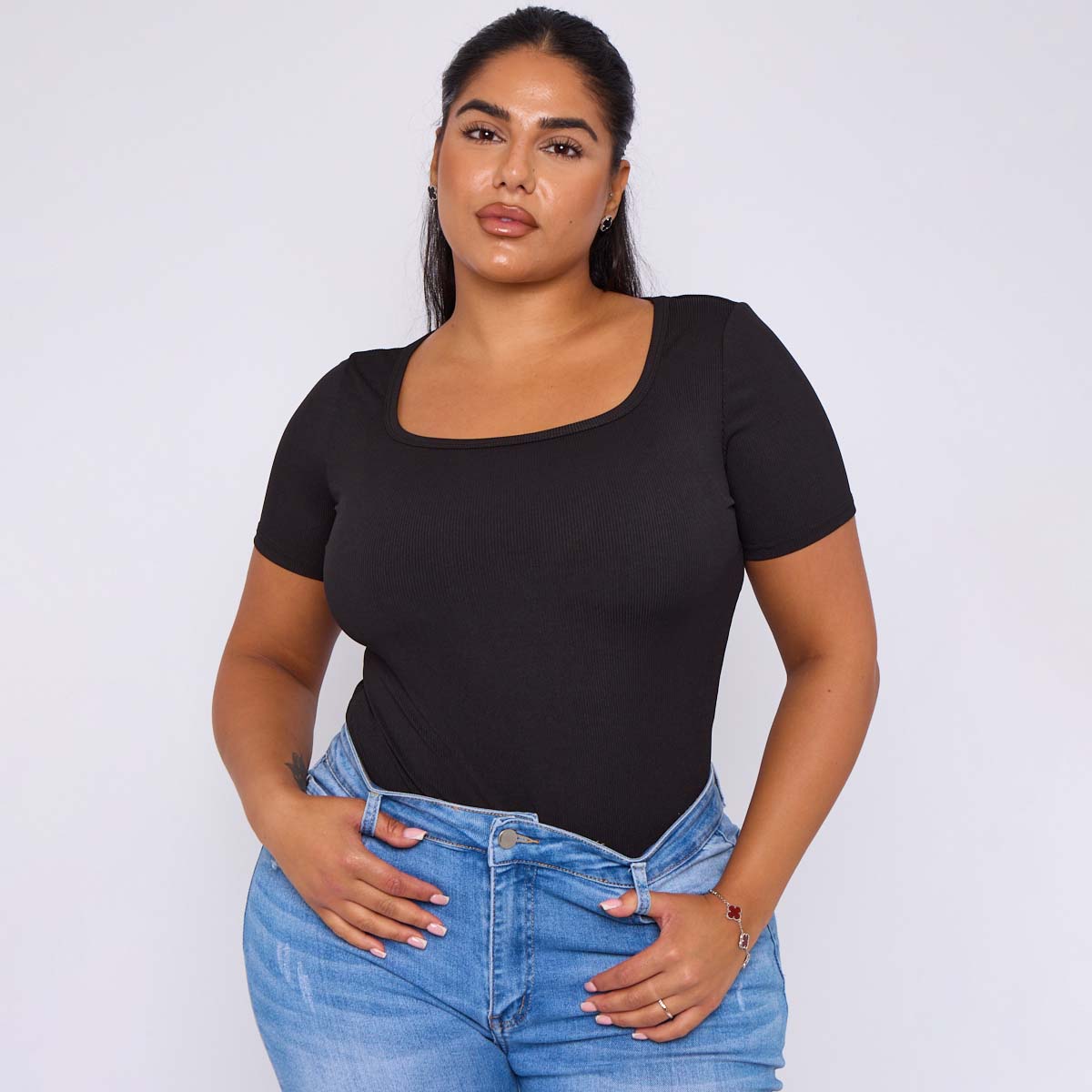ChicHero Black Square Neck Short Sleeve T Shirt Bodysuit