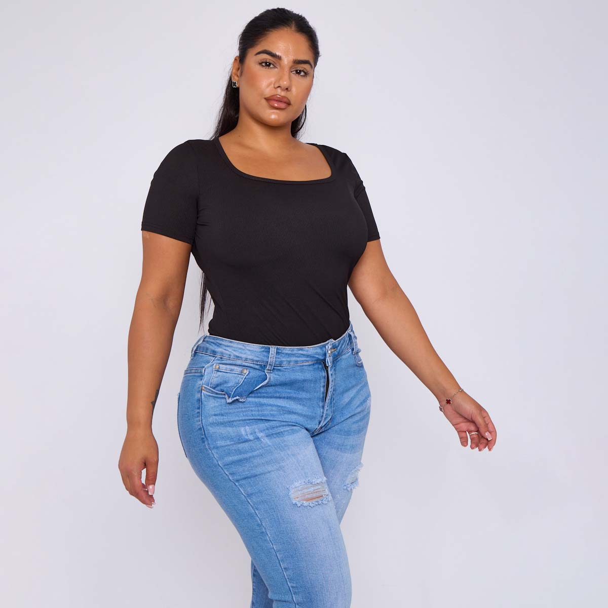 ChicHero Black Square Neck Short Sleeve T Shirt Bodysuit