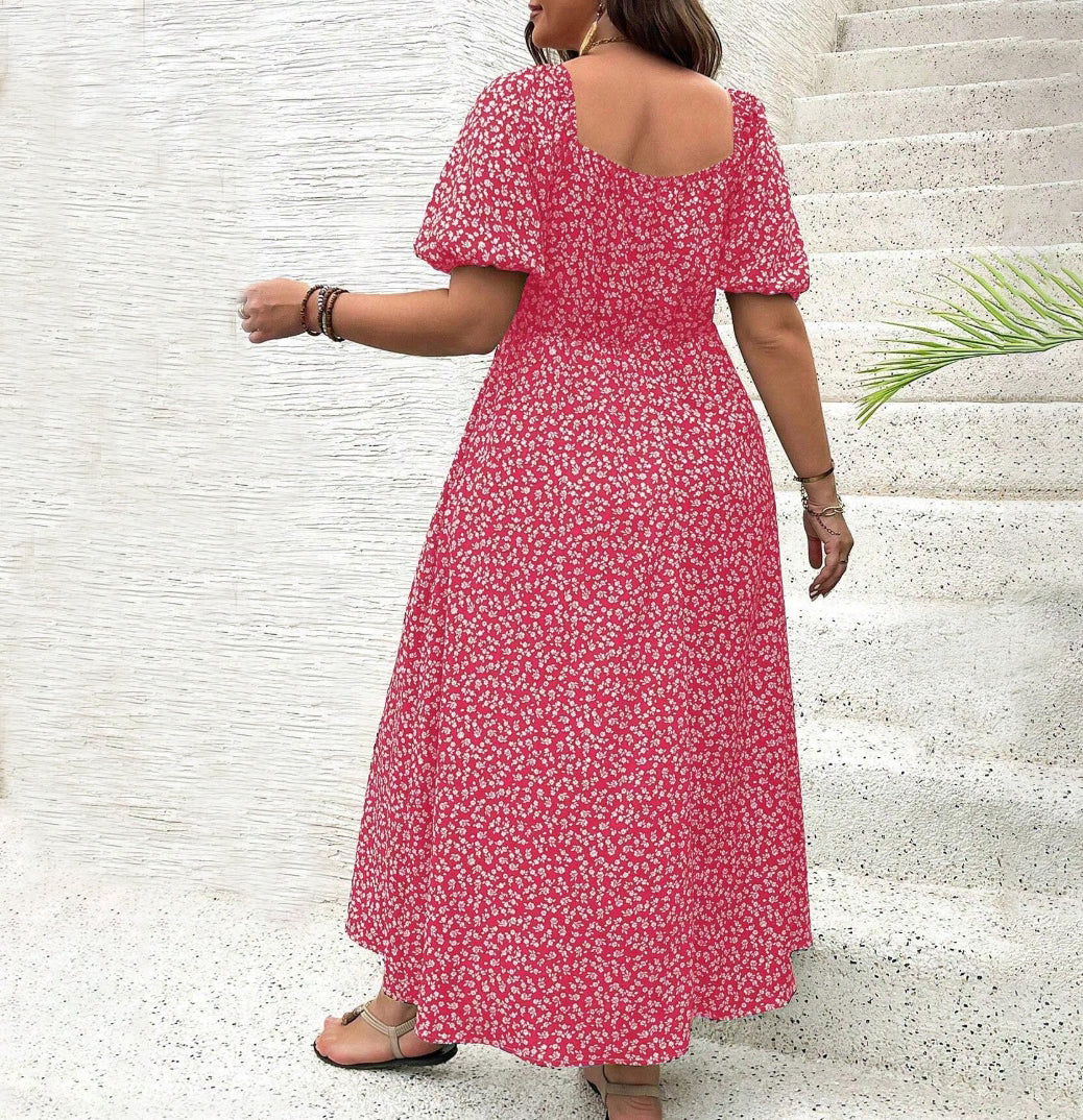 Floral Print Split Detail Short Sleeve Bardot Dress
