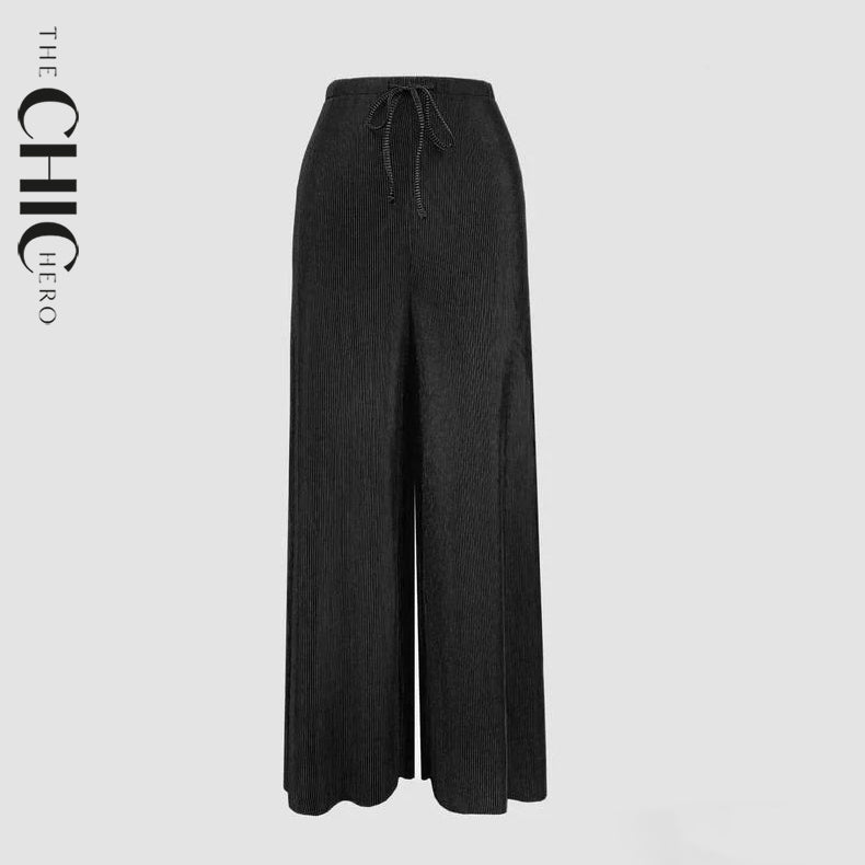Black Wide-Leg Drawstring Pants Palazzo Pleated Pants