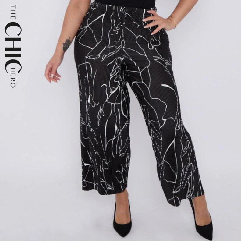 Black Line Art Abstract Print Wide-Leg Drawstring Palazzo Pleated Pants