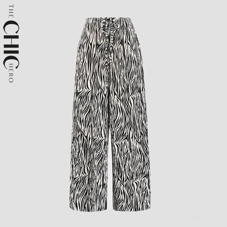 Black Zebra Abstract Print Wide-Leg Drawstring Palazzo Pleated Pants
