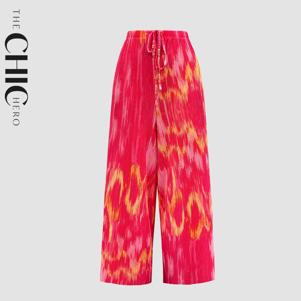 Tie-dye Abstract Print Wide-Leg Drawstring Pants Palazzo Pleated Pants