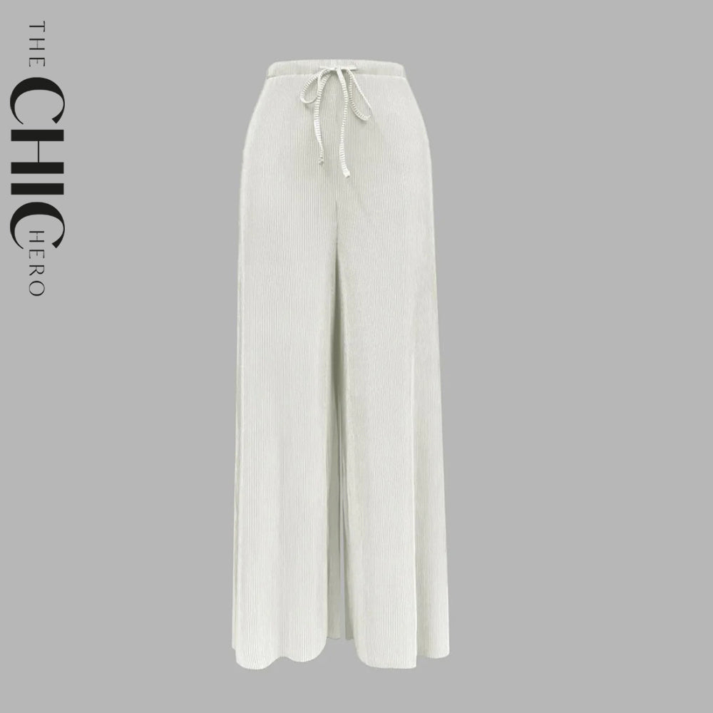White Wide-Leg Drawstring Pants Palazzo Pleated Pants