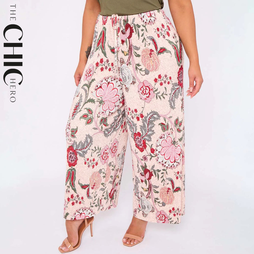 Pink Flower Abstract Print Wide-Leg Drawstring Palazzo Pleated Pants