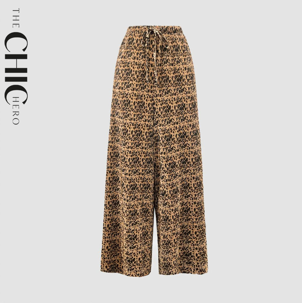 Brown Leopard Wide-Leg Drawstring Palazzo Pleated Pants