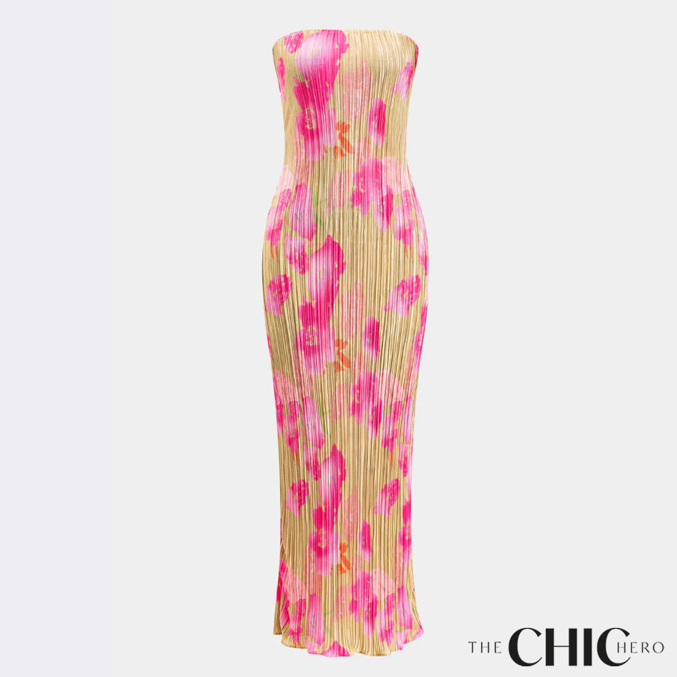Floral Print Pleated Tie Back Strapless Maxi Dress
