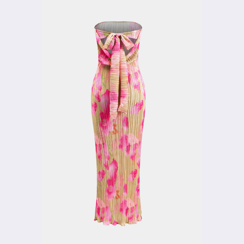 Floral Print Pleated Tie Back Strapless Maxi Dress