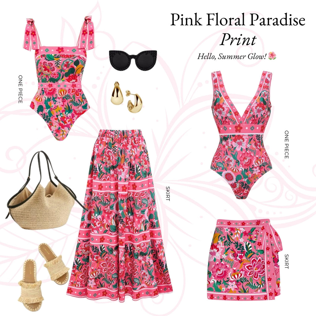Pink Elegant Floral Patterns 3-Piece Set Swimsuit&Skirt