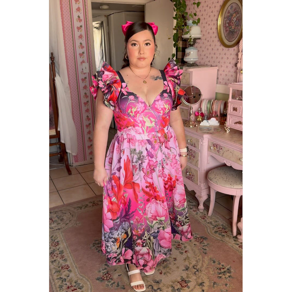 Pink Floral Patterned Ruffled Sleeves One-Piece Swimsuit&Skirt