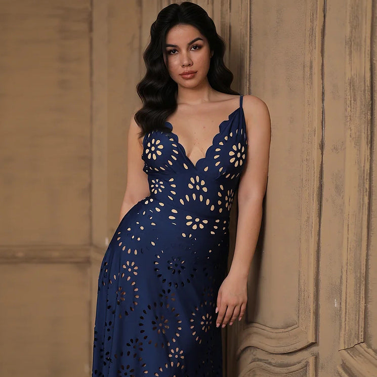 Blue Scalloped Hollow Sexy One-Piece Swimsuit&Skirt