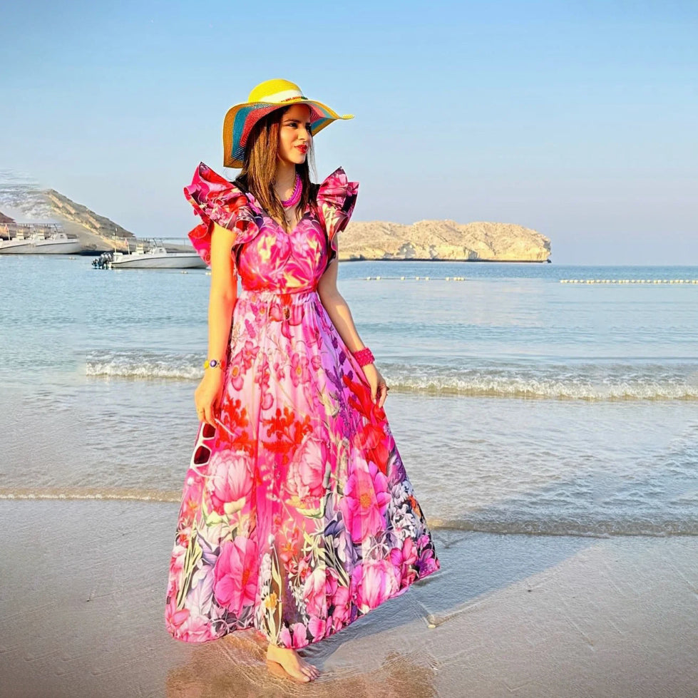 Pink Floral Patterned Ruffled Sleeves One-Piece Swimsuit&Skirt