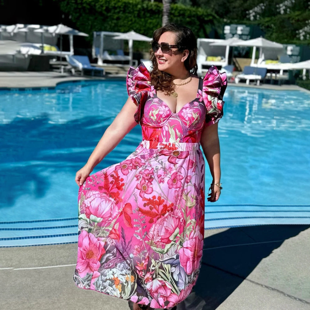 Pink Floral Patterned Ruffled Sleeves One-Piece Swimsuit&Skirt