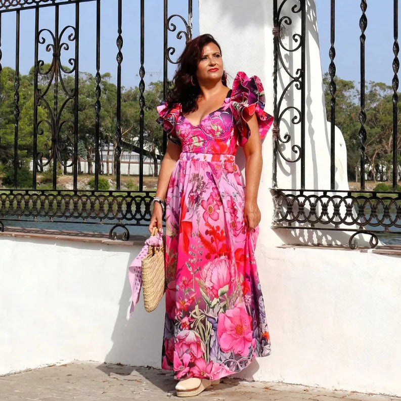Pink Floral Patterned Ruffled Sleeves One-Piece Swimsuit&Skirt