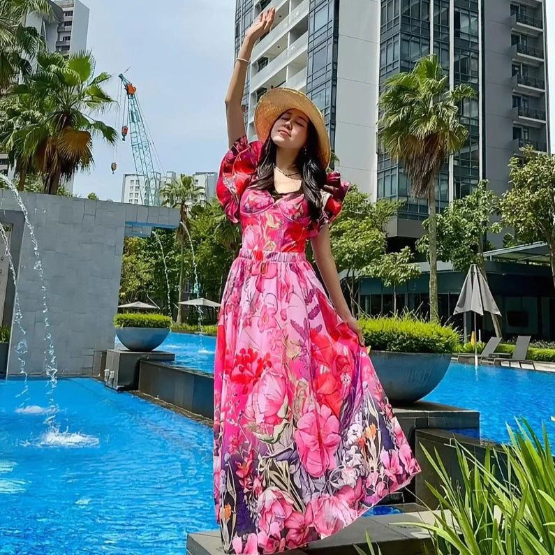 Pink Floral Patterned Ruffled Sleeves One-Piece Swimsuit&Skirt