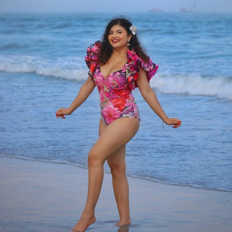 Pink Floral Patterned Ruffled Sleeves One-Piece Swimsuit&Skirt