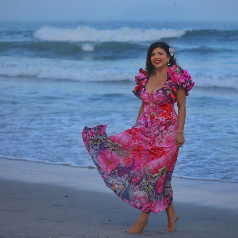 Pink Floral Patterned Ruffled Sleeves One-Piece Swimsuit&Skirt