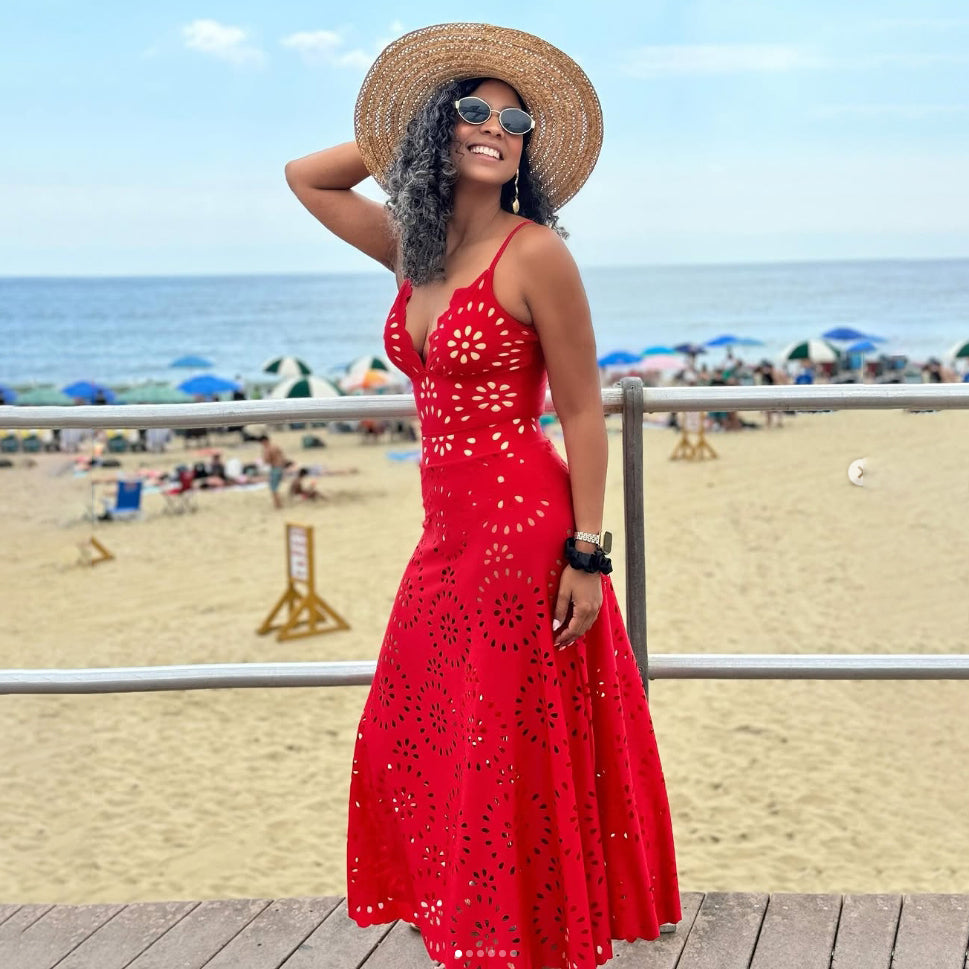 Red Scalloped Hollow Sexy One-Piece Swimsuit&Skirt
