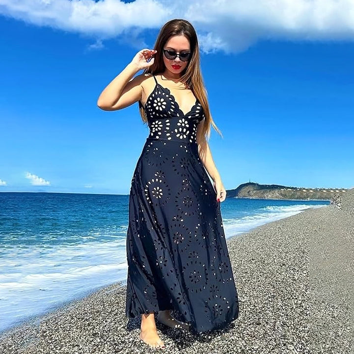 Blue Scalloped Hollow Sexy One-Piece Swimsuit&Skirt