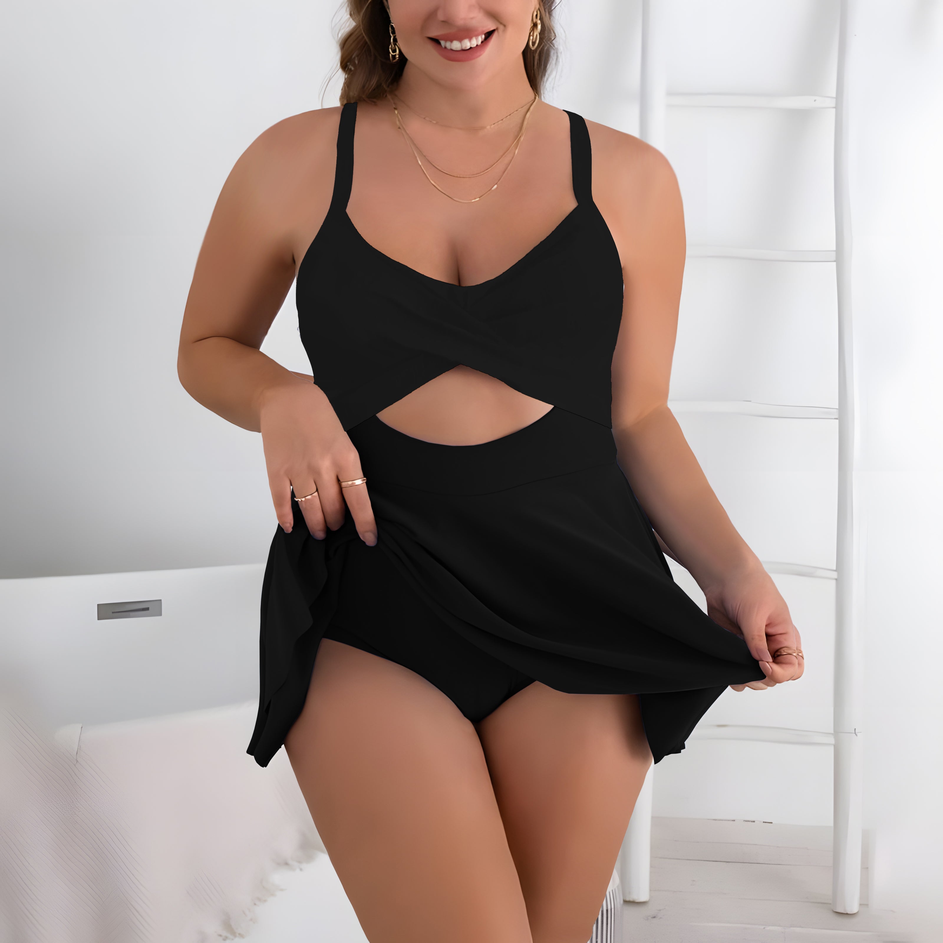 Plus Size One-piece Hollow Back Strap Swimsuit