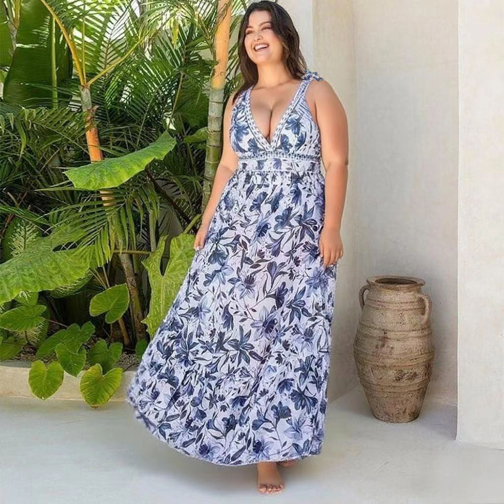 V Neck Lace Up Boho Breeze Blue Floral Swimsuit&Skirt
