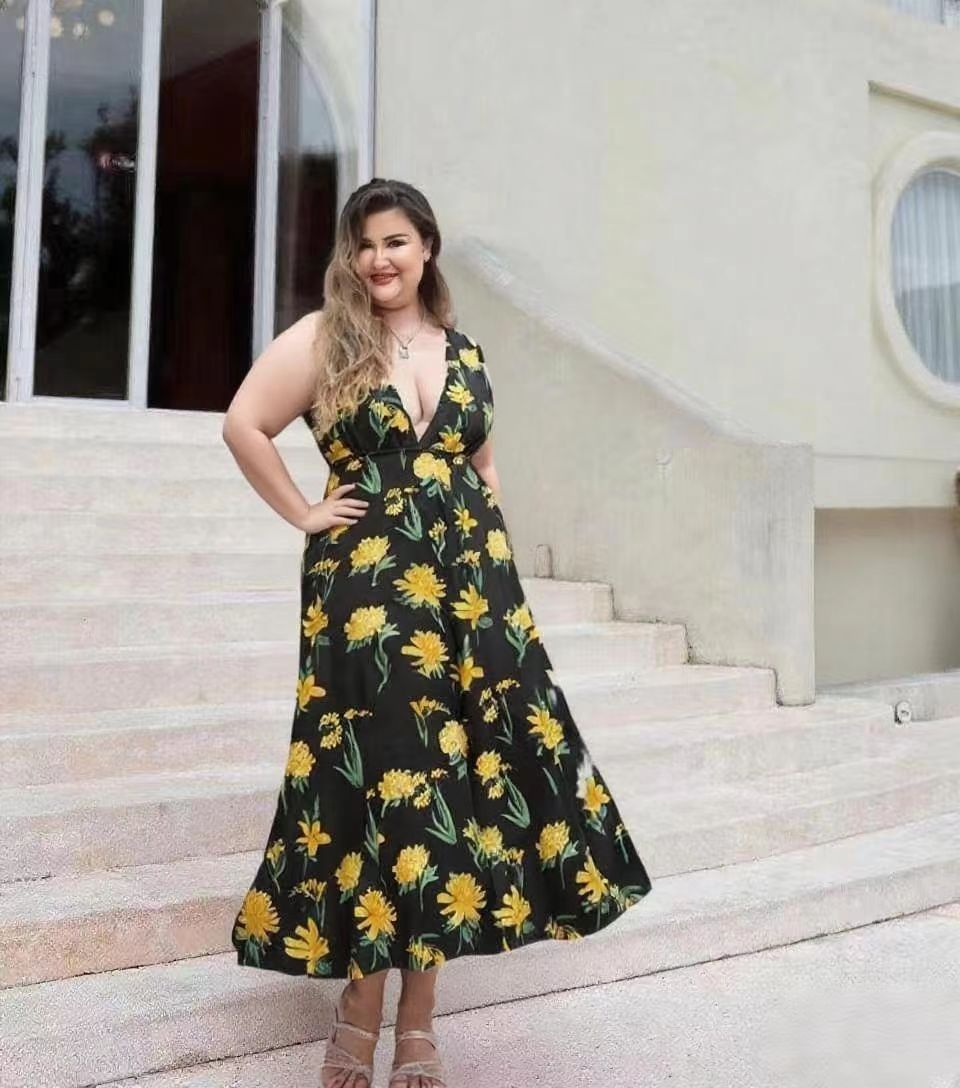 Yellow Floral Print One-Piece Swimsuit&Skirt