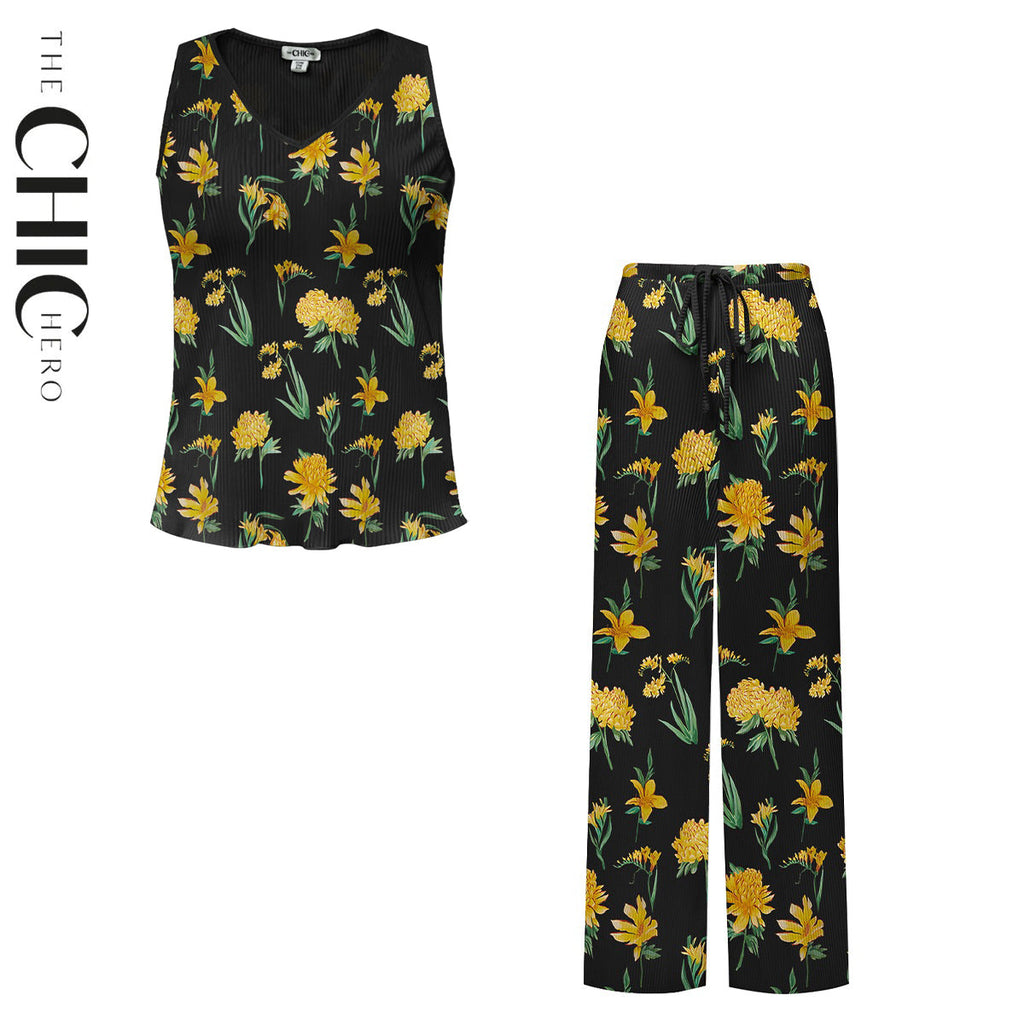 Yellow Floral Print V-Neck Vest Top & Pleated Pants