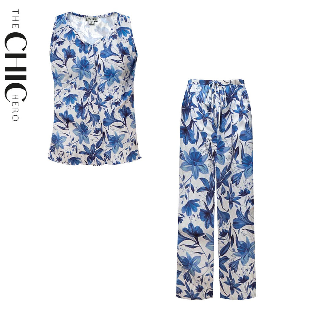 Boho Breeze Blue Floral V-Neck Vest Top & Pleated Pants