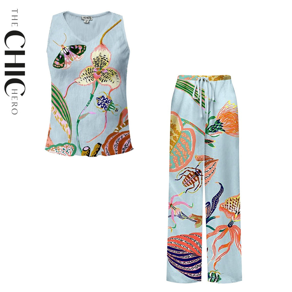 Tropical Bloom Print Butterfly V-Neck Vest Top & Pleated Pants