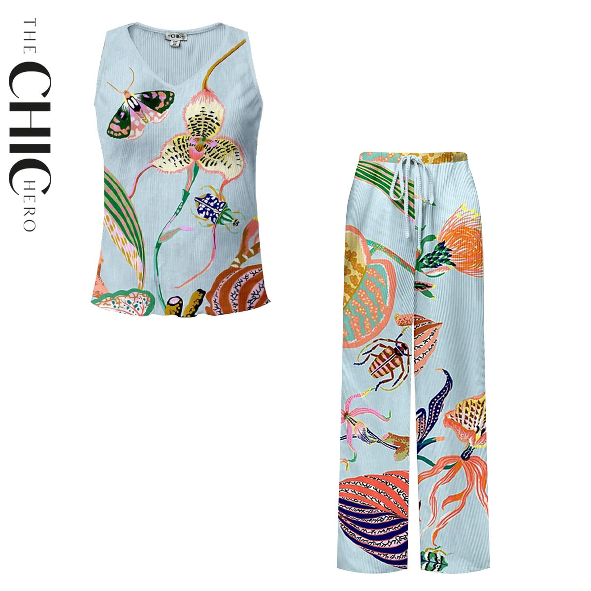 Tropical Bloom Print Butterfly V-Neck Vest Top & Pleated Pants
