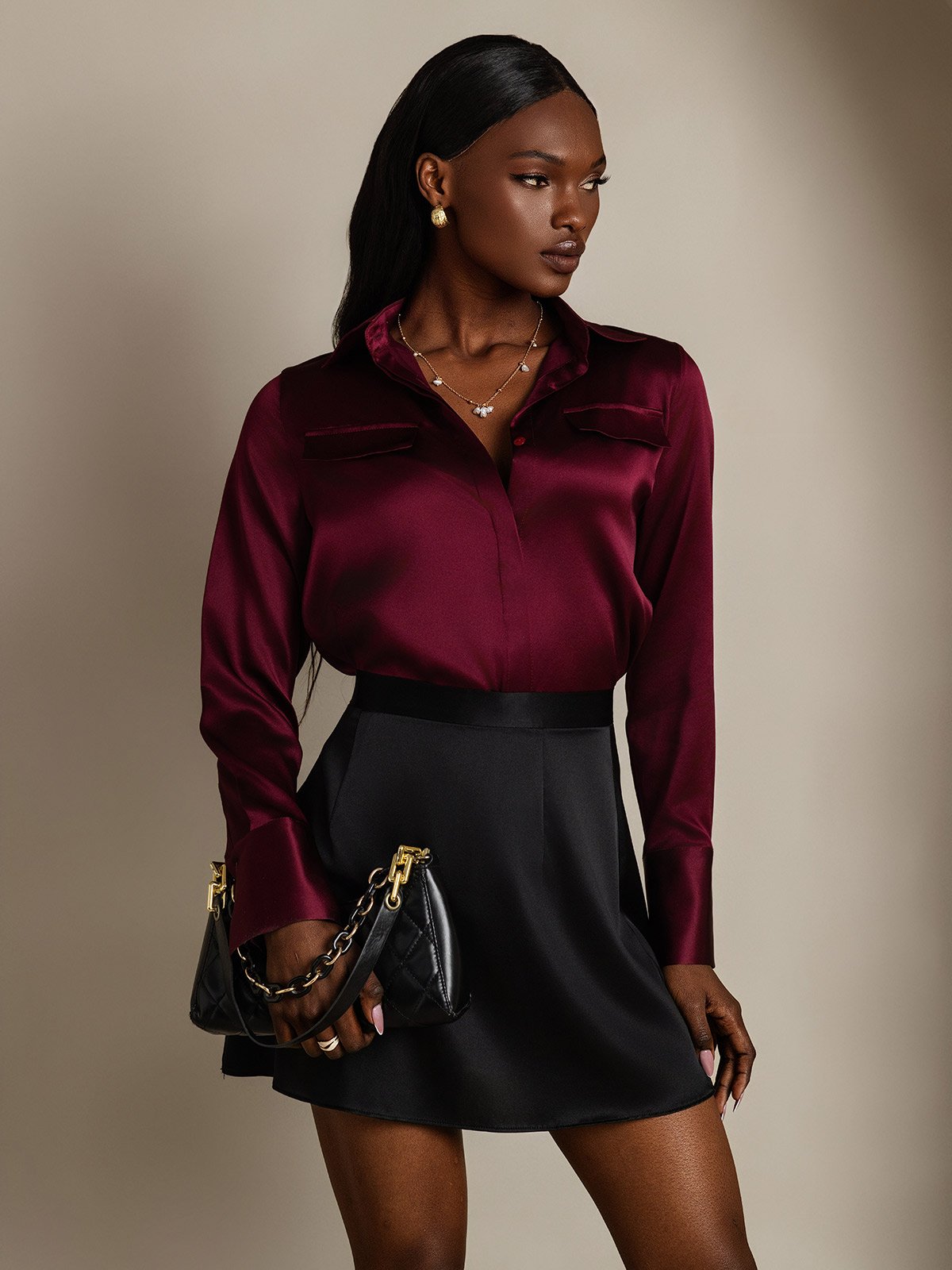 Women's 19Momme Silk Long Sleeve Lapel Collar Military Shirt