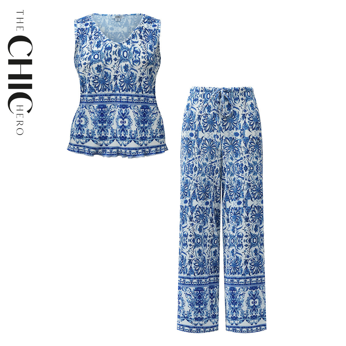 Blue Boho Pattern V-Neck Vest Top & Pleated Pants