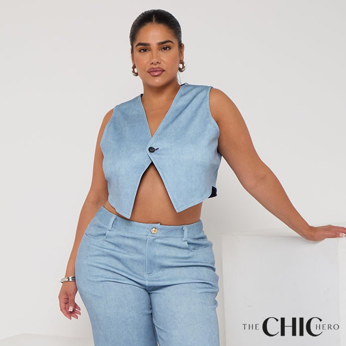 Reversible Relaxed Fit Demin Sleeveless Button-Front Sleeveless Top (light blue & dark blue)